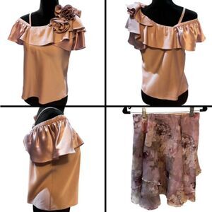 Satin Evening wear top with tiered Flowy floral skirt XS fit like size 2